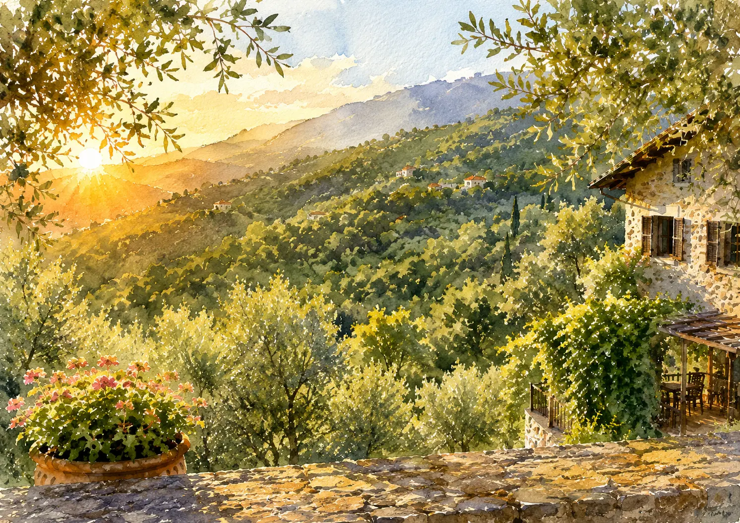 Aquarell einer ligurischen Landschaft in Italien
